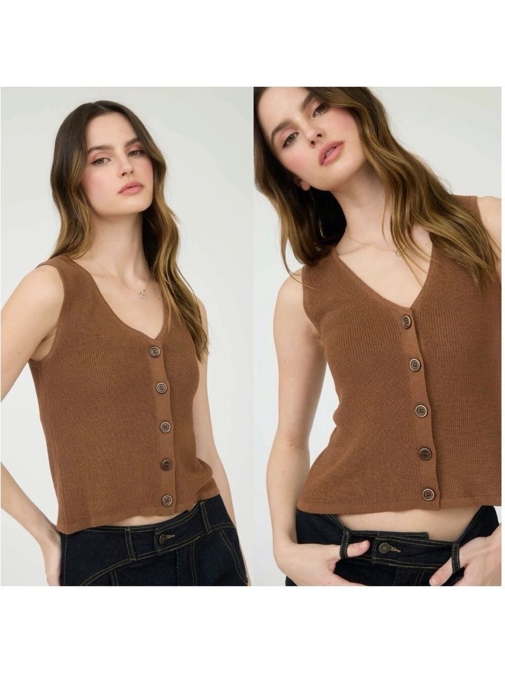 Mocha Brown Knit Tank Button Up Sweater Vest Wood Buttons  Small